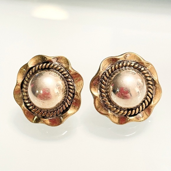 Jewelry - Taxco Mexico Sterling & Brass Flower Button Vintage Post Stud Earrings T…